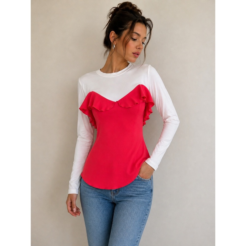 Dondup White Pink Colorblock Ruffle Top Size S Romantic Balletcore Italian Chic